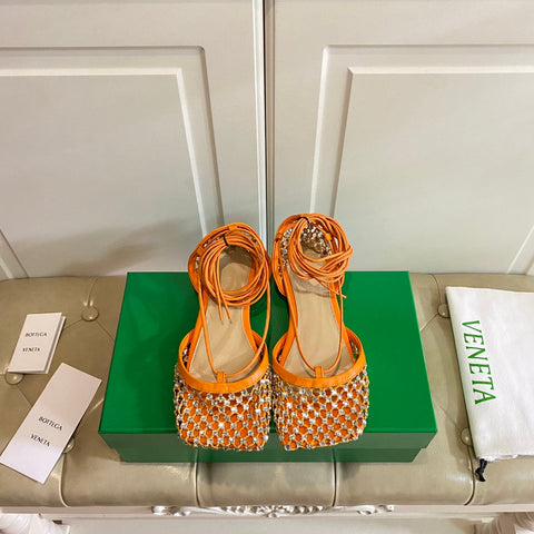 LACE-UP FLAT SANDAL IN VIVID ORANGE METALLIZED MESH AND LEATHER WITH RHINSTONES
