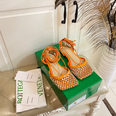 LACE-UP FLAT SANDAL IN VIVID ORANGE METALLIZED MESH AND LEATHER WITH RHINSTONES
