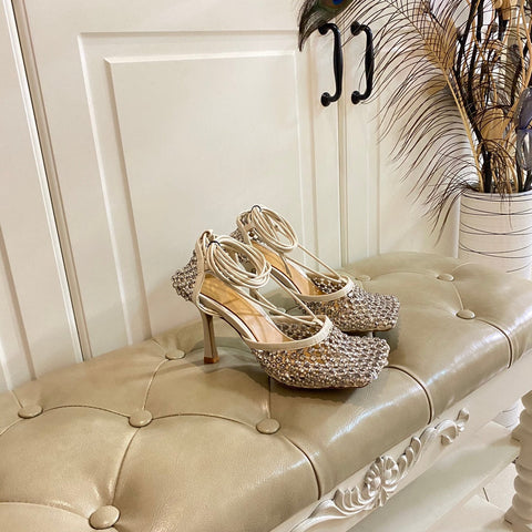 LACE-UP SANDAL IN WHITE CREAM METALLIZED MESH AND LEATHER WITH RHINSTONES 9 CM