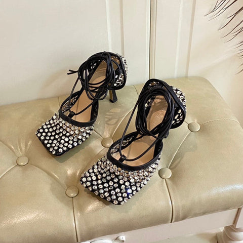 LACE-UP SANDAL IN BLACK METALLIZED MESH AND LEATHER WITH RHINSTONES 9 CM
