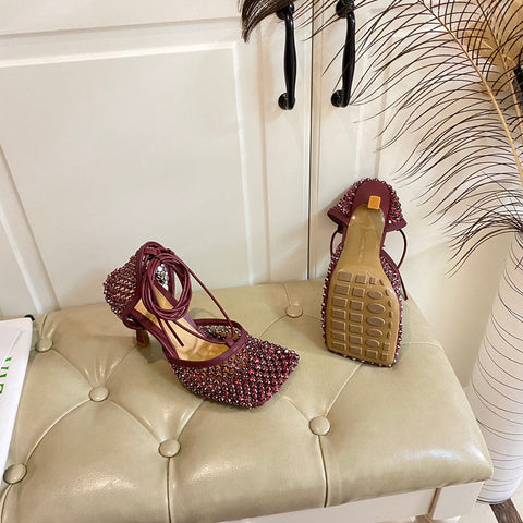 LACE-UP SANDAL IN SANGRIA RED METALLIZED MESH AND LEATHER WITH RHINSTONES 9 CM