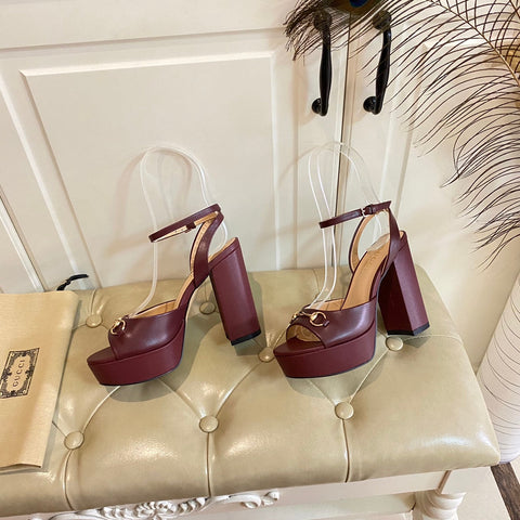 GG HORSEBIT PLATFORM SANDAL IN WINE RED SHEEPSKIN