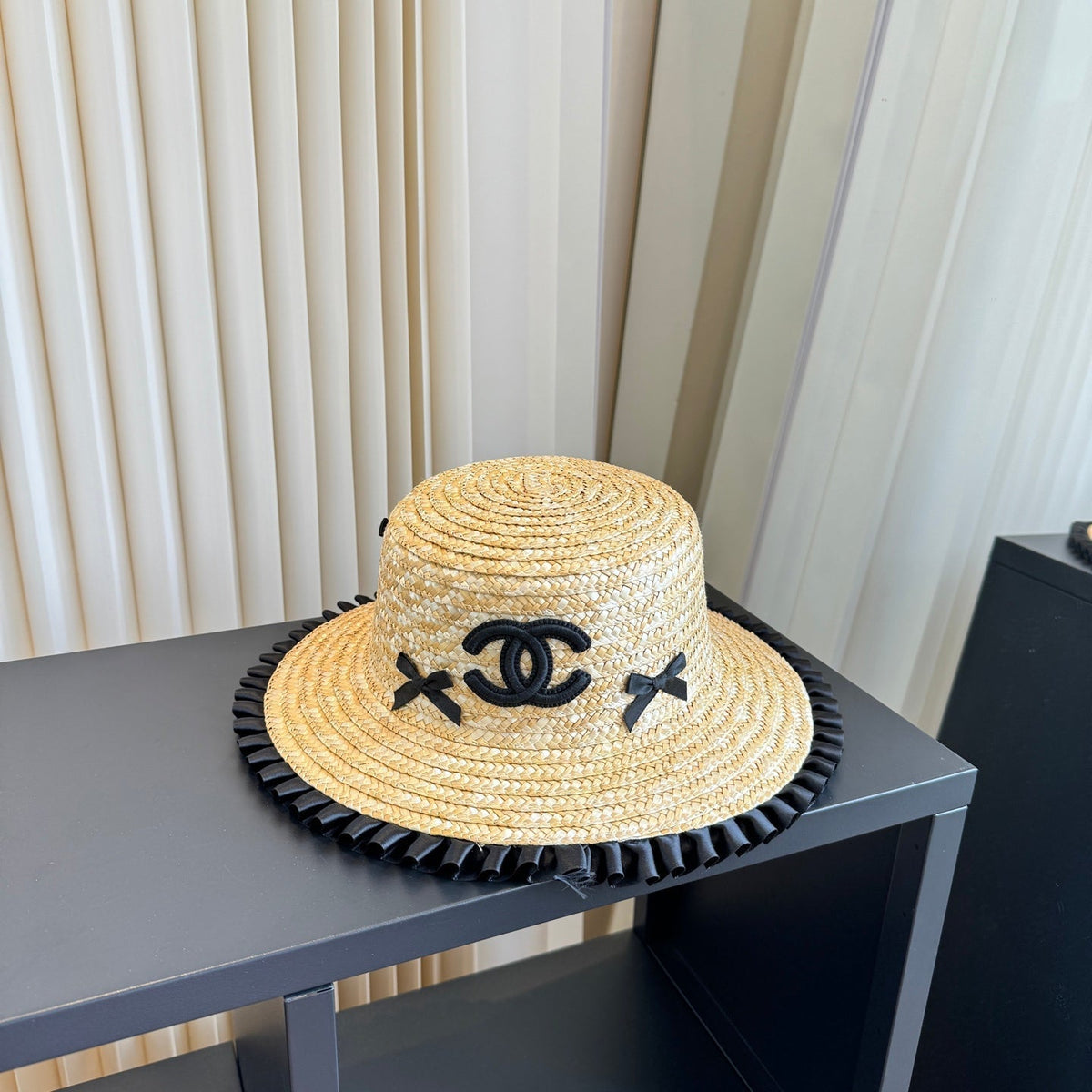 CHANEL 26S BOATER STRAW HAT WITH BLACK CC LOGO 337952