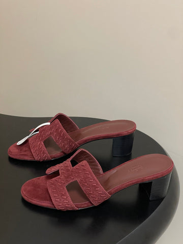 HM 25S ORAN HIGH‑HEEL SANDAL IN DARK RED SUEDE AND LAMBSKIN
