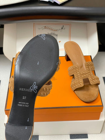 HM 25S ORAN HIGH‑HEEL SANDAL IN LIGHT BROWN SUEDE AND LAMBSKIN