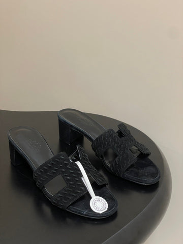 HM 25S ORAN HIGH‑HEEL SANDAL IN BLACK SUEDE AND LAMBSKIN