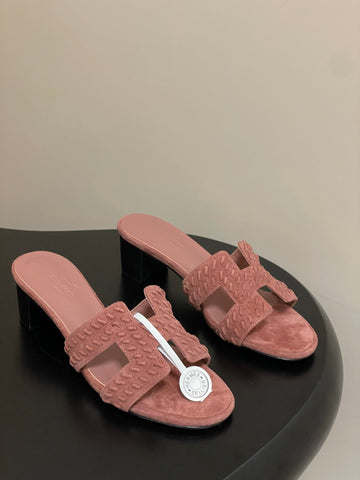 HM 25S ORAN HIGH‑HEEL SANDAL IN PEACHY PINK SUEDE AND LAMBSKIN