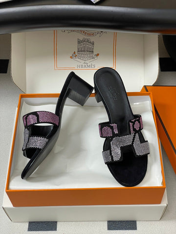 HM 25S ORAN HIGH‑HEEL SANDAL 50 MM IN BLACK LAMBSKIN WITH WHITE MIX PINK STONE DETAILS