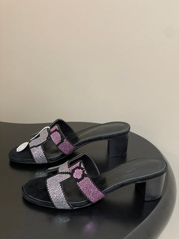 HM 25S ORAN HIGH‑HEEL SANDAL 50 MM IN BLACK LAMBSKIN WITH WHITE MIX PINK STONE DETAILS