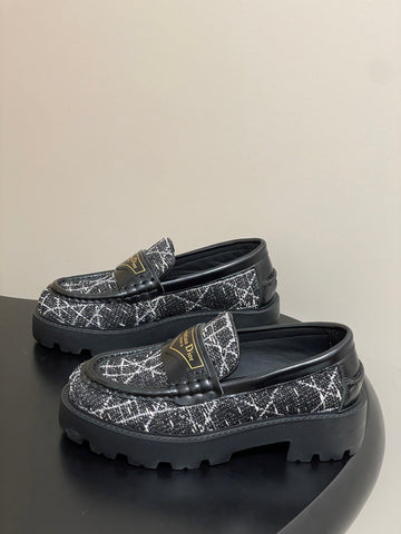 DIOR 25S BOY PLATFORM LOAFERS IN BLACK MIX WHITE TWEED AND LAMBSKIN