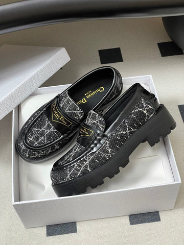DIOR 25S BOY PLATFORM LOAFERS IN BLACK MIX WHITE TWEED AND LAMBSKIN