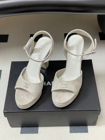 CHANEL 26S HIGH HEEL SANDALS 120 MM IN CREAM BEIGE SUEDE