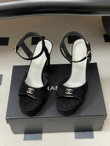CHANEL 26S HIGH HEEL SANDALS 120 MM IN BLACK SUEDE