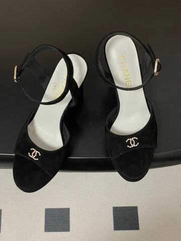 CHANEL 26S HIGH HEEL SANDALS 120 MM IN BLACK SUEDE