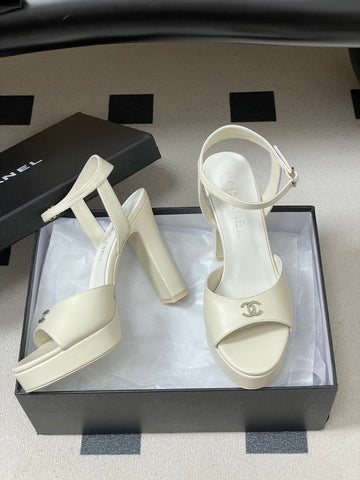 CHANEL 26S HIGH HEEL SANDALS 120 MM IN CREAM WHITE LAMBSKIN