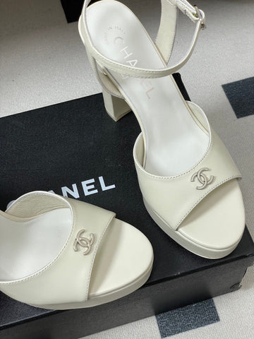CHANEL 26S HIGH HEEL SANDALS 120 MM IN CREAM WHITE LAMBSKIN