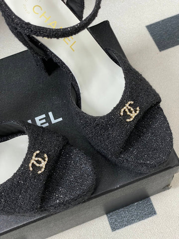 CHANEL 26S HIGH HEEL SANDALS 120 MM IN BLACK TWEED