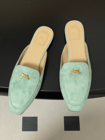 DIOR 26S MULES IN LIGHT MINT GREEN SUEDE WITH BOW