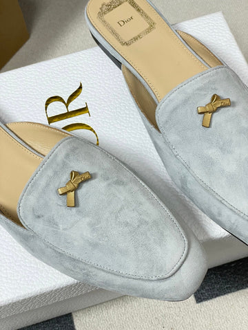DIOR 26S MULES IN LIGHT BLUE GRAY SUEDE WITH BOW