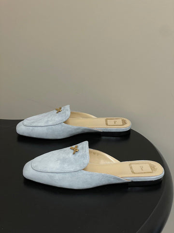 DIOR 26S MULES IN LIGHT BLUE GRAY SUEDE WITH BOW