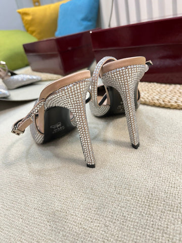 HIGH SLINGBACK 10 CM IN BEIGE SILK WITH FULL RHINSTONES