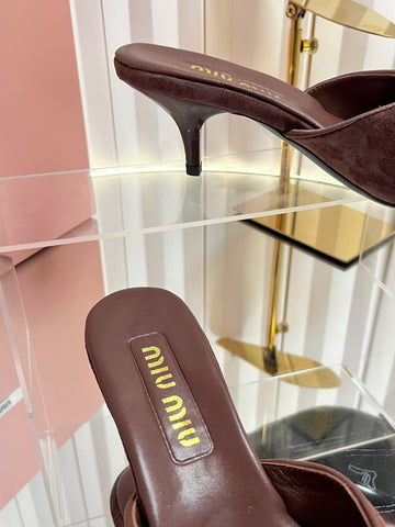 MIUMIU 26S MULE SANDALS 55MM IN DARK BROWN SUEDE WITH BOW