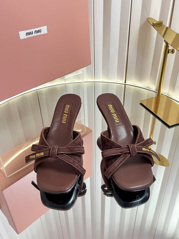MIUMIU 26S MULE SANDALS 55MM IN DARK BROWN SUEDE WITH BOW