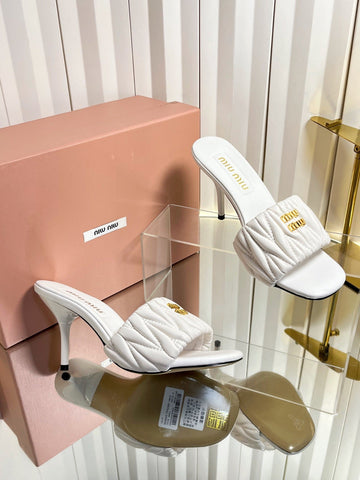 MIUMIU 26S HIGH-HEEL MULE SANDALS 85MM IN WHITE CALFSKIN GOLD HARDWARE