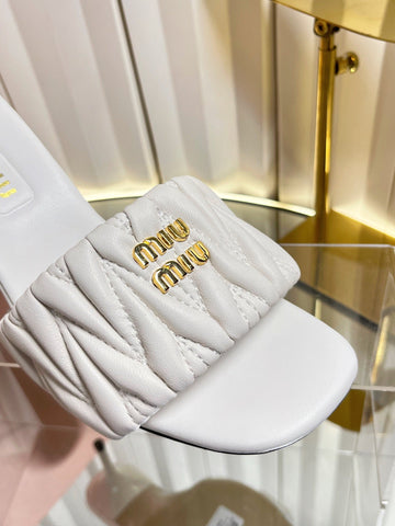 MIUMIU 26S HIGH-HEEL MULE SANDALS 85MM IN WHITE CALFSKIN GOLD HARDWARE