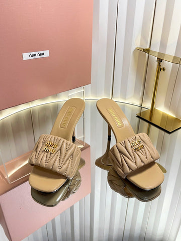MIUMIU 26S HIGH-HEEL MULE SANDALS 85MM IN BEIGE CALFSKIN GOLD HARDWARE