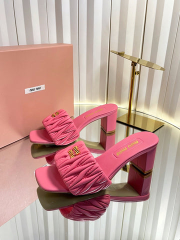 MIUMIU 26S PADDED MATELASSE MULE HEELS 65MM IN PINK CALFSKIN GOLD HARDWARE