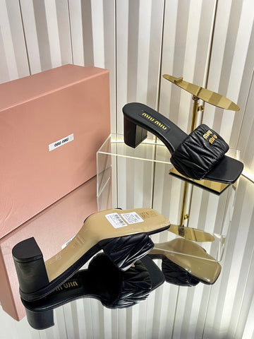 MIUMIU 26S PADDED MATELASSE MULE HEELS 65MM IN BLACK CALFSKIN GOLD HARDWARE