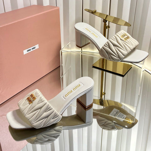 MIUMIU 26S PADDED MATELASSE MULE HEELS 65MM IN LIGHT BEIGE CALFSKIN GOLD HARDWARE