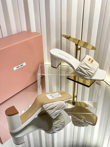 MIUMIU 26S PADDED MATELASSE MULE HEELS 65MM IN LIGHT BEIGE CALFSKIN GOLD HARDWARE