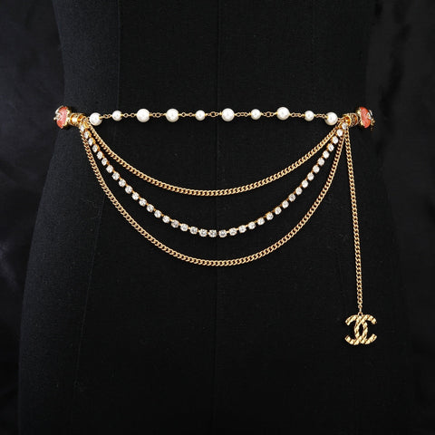 CHANEL 25S GOLD CHAIN BELT WITH PEARL 611794