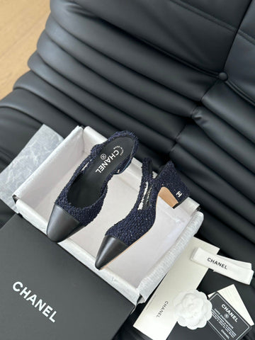 HIGH SLINGBACK IN NAVY BLUE TWEED AND BLACK LAMBSKIN