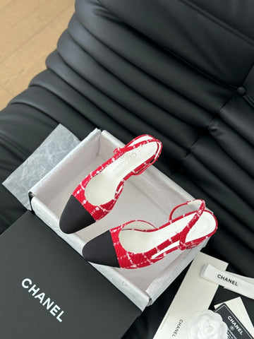 HIGH SLINGBACK IN CHERRY RED TWEED AND BLACK LAMBSKIN