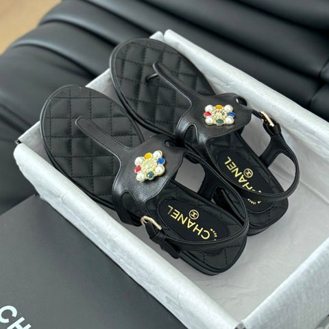 Double C Classic One-Strap Sandals Black Lambskin