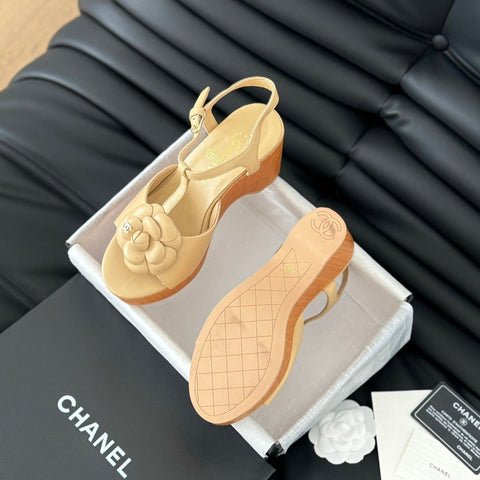 Double C New Wood Grain Platform Sandal  Tan Brown Lambskin