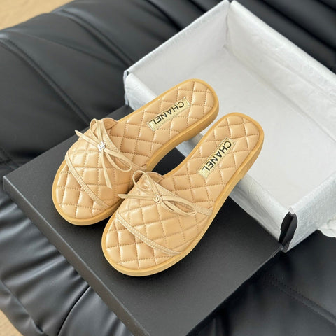 Double C  New Butterfly Button Slippers Yellow Cream Lambskin
