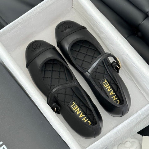 Double C Marry Jane Shoes Black Lambskin