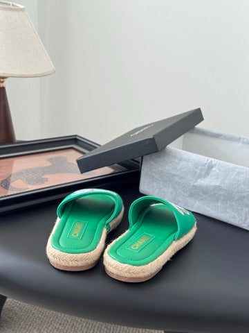 SLIPPERS IN GREEN SHEEPSKIN MIX FABRIC AND STRAPS BASE