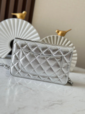 CHANEL 25S WALLET ON CHAIN 19 IN SILVER LAMBSKIN