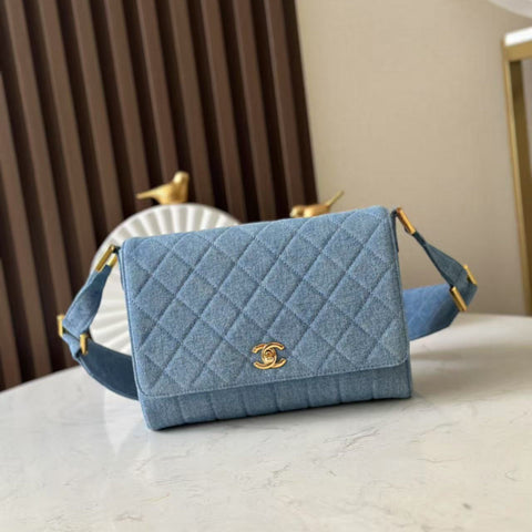 CHANEL 25S SHOULDER BAG 26 IN BLUE DENIM WITH GOLD HARDWARE