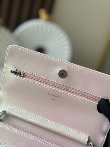 CHANEL 25S WALLET ON CHAIN 19 IN PEARLESCENT PINK WHITE LAMBSKIN