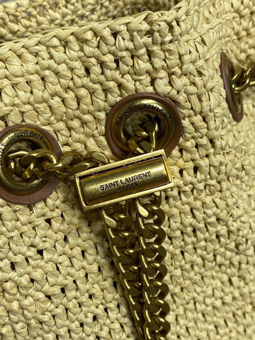 DRAWSTRING BUCKET BAG 19 IN BEIGE WOVEN RAFFIA AND CALFSKIN