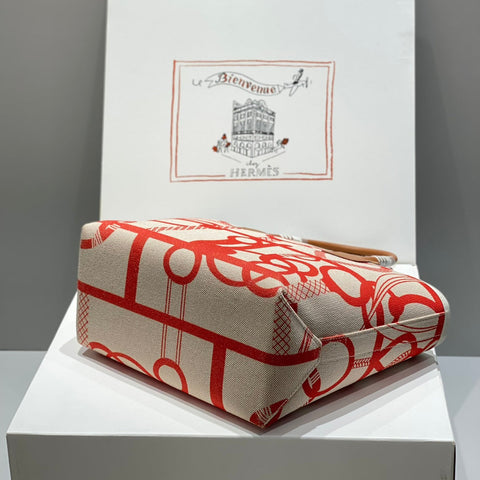 STEEPLE 28 BAG IN OFF-WHITE MIX LIGHT RED CANVAS AND BROWN SWIFT LEATHER