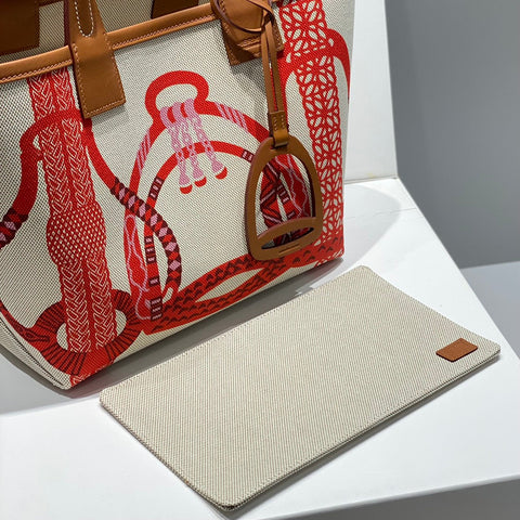 STEEPLE 28 BAG IN OFF-WHITE MIX RED CANVAS AND BROWN CALFSKIN