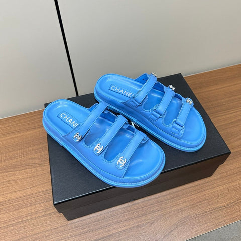 dad sandals dodger blue 3 rows lambskin mules