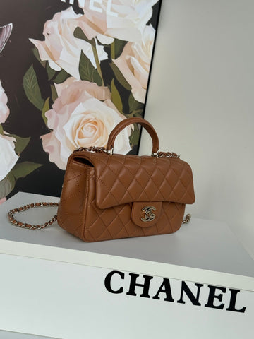 FLAP BAG 20 IN BRONZE BROWN LAMBSKIN WITH HANDLE- NEW